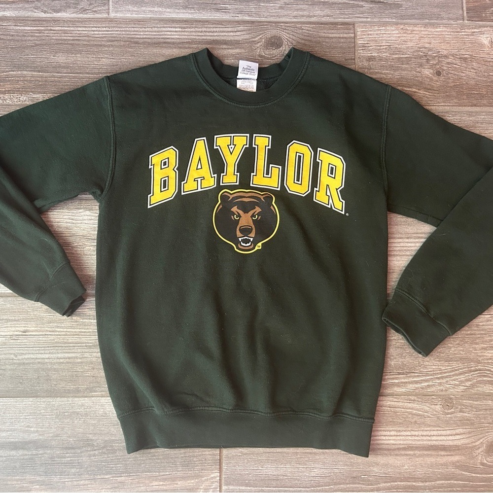 VTG Baylor Bears Crewneck Sweatshirt Green Yellow Bear Logo Campus Colors Size S